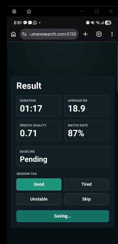 NeumaResearch breathing app result screen showing average respiratory rate, breath quality, and match rate